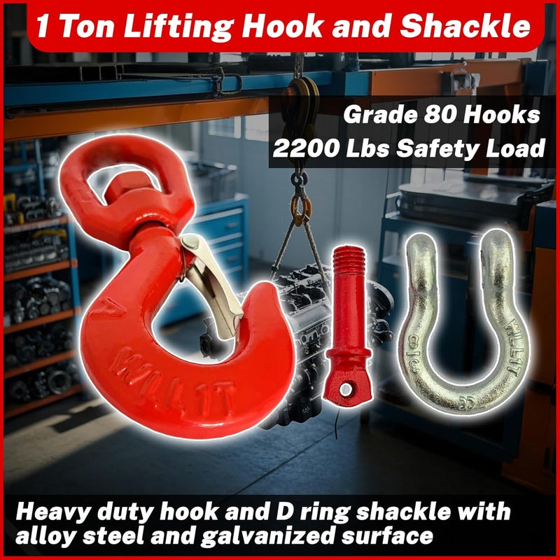 HENBOW 1 Ton Swivel Lifting Hooks and D Ring Shackles,G80 Chain Hooks with 3/8" Shackle,2200Lbs Safety Load Limit,Heavy Duty Alloy Steel Round Rotating Sling Towing Log Hook - Image 2